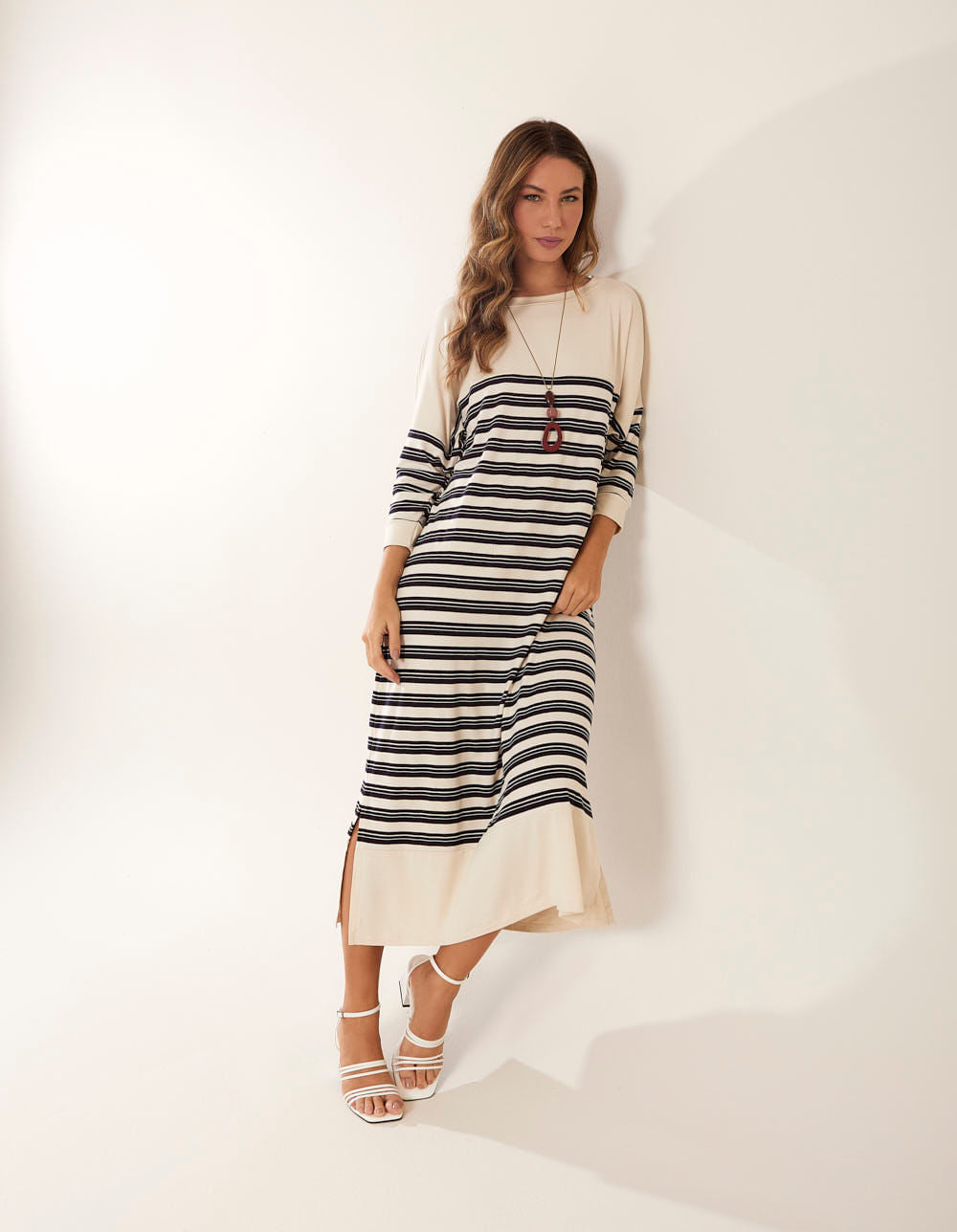 Vestido Midi Listrado - Off White